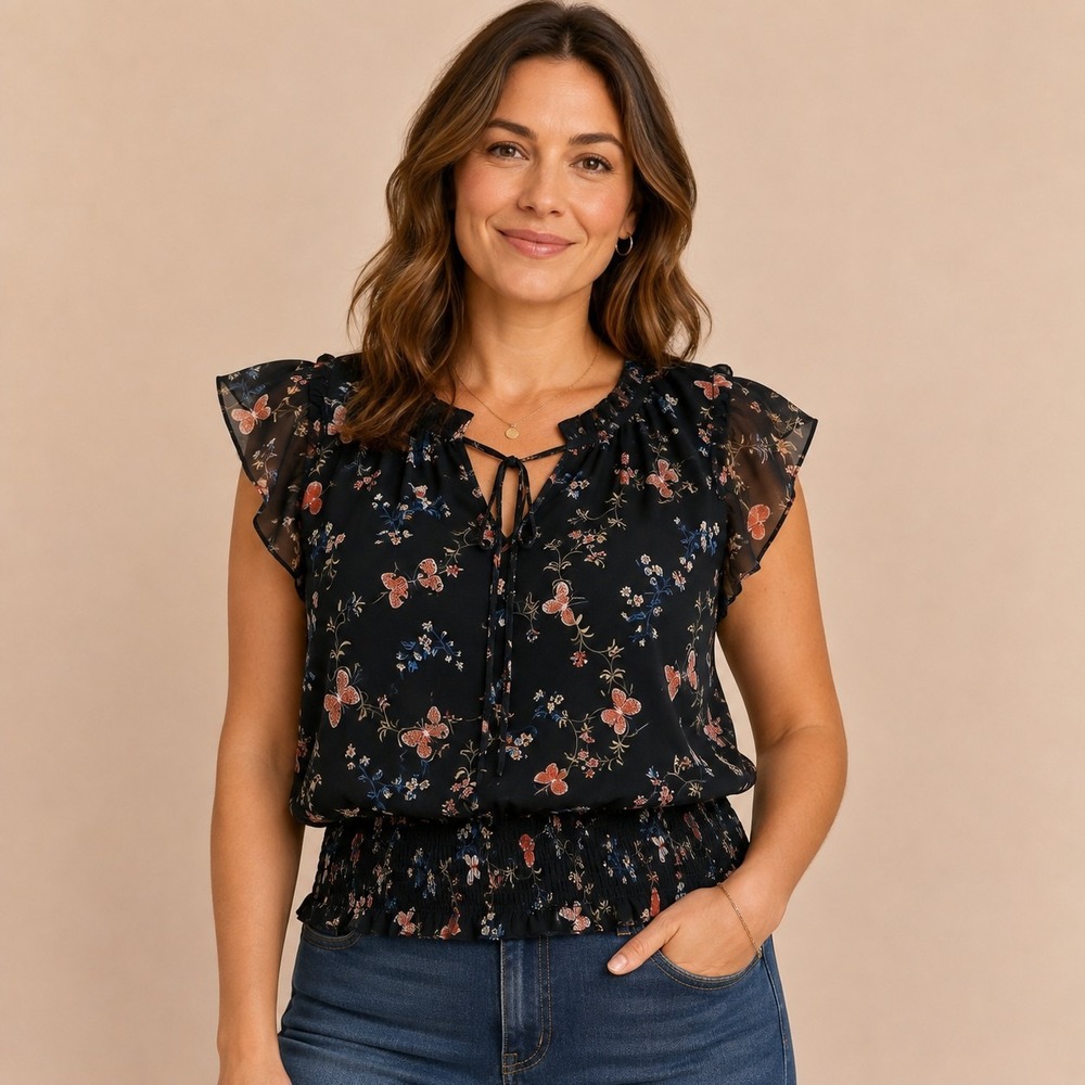 Tamara H Black Butterfly Floral Top Women's Large Fairycore Romantic Whimsigoth
